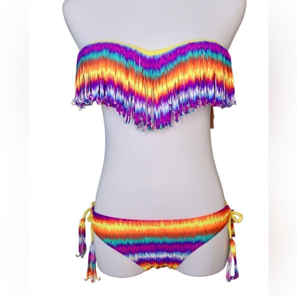 Eve's Temptation Psychedelic Fringed‎ Push Up Bikini Swimsuit SMALL NEW Hyperpop